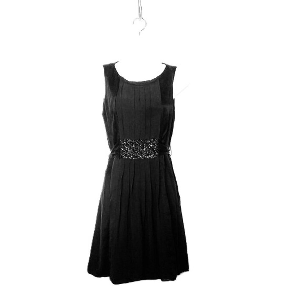 BCBG Max Azria Black Silk Dress Self Tie Bow Pleated Lined "Jeweled" EUC Sz 2